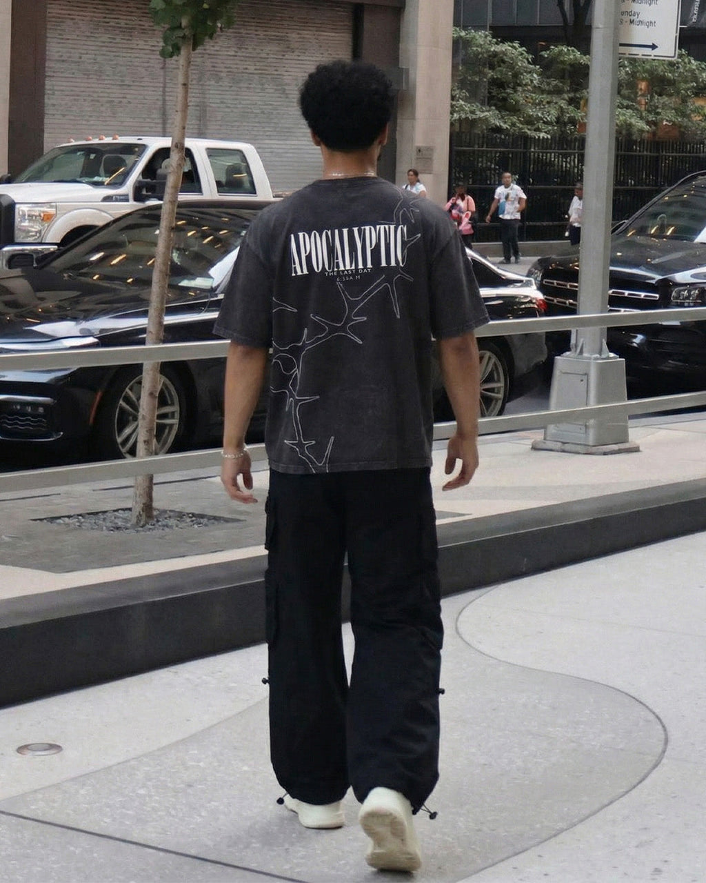 Apocalyptic Black Printed Acid Wash T-Shirt