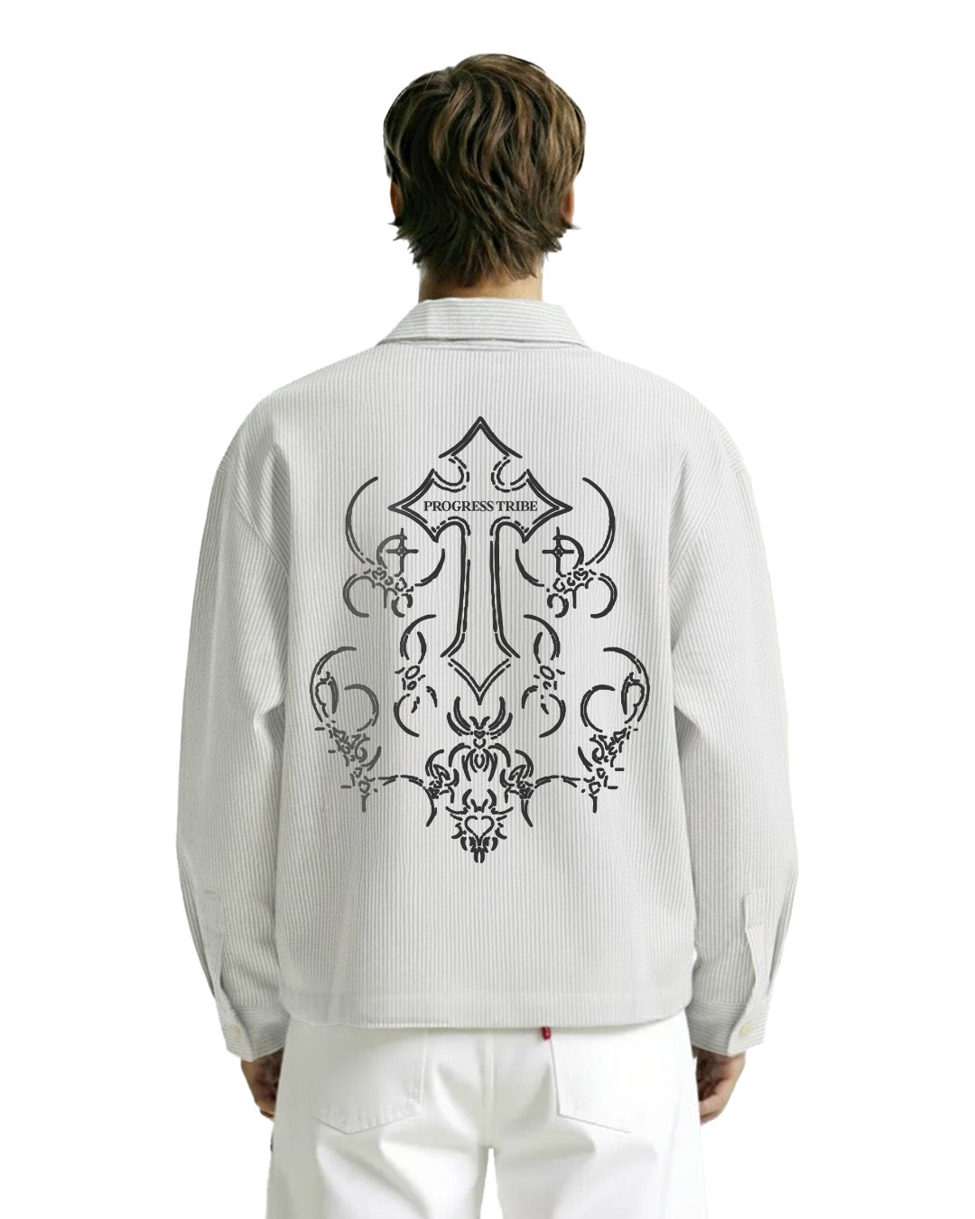 Progress Tribe Full Sleeves Grey and White Striped Shirt