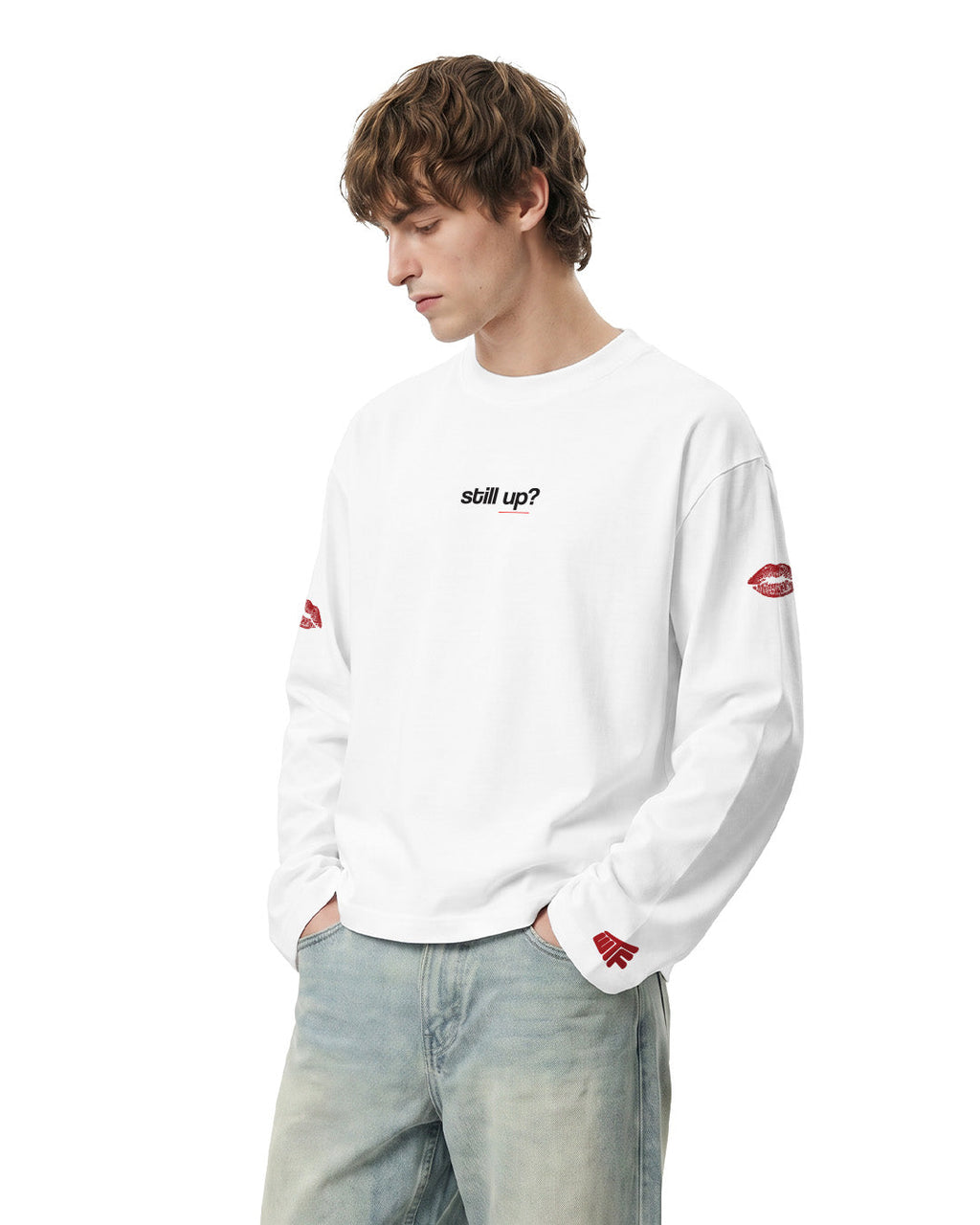 Still Up Full Sleeves Boxy-Fit White T-shirt
